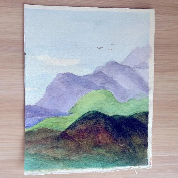 Original Watercolor Painting NWOT Mountains Blue‎ Green Brown - Picture 1 of 4
